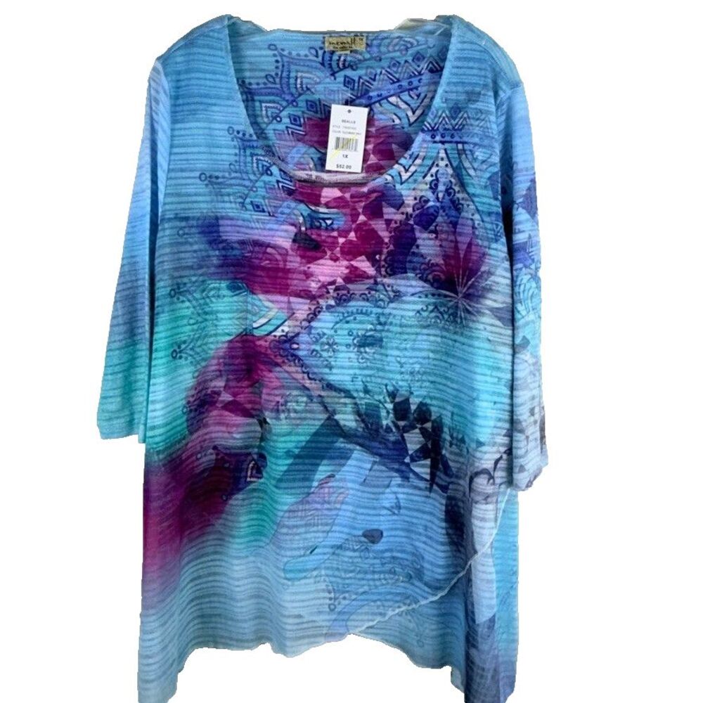 New One World 1X Womens Blue 3/4 Sleeve Blouse Top Artsy Coastal Resort Popover